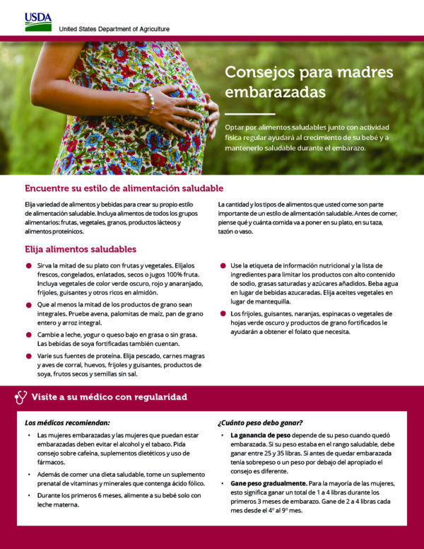 Tips for pregnant moms written in Spanish with information on amount and types of food to eat, healthy weight gain, and exercise recommendations.